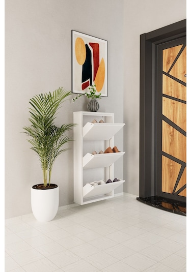 3 Kapaklı Metal Ayakkabılık Beyaz Beyaz