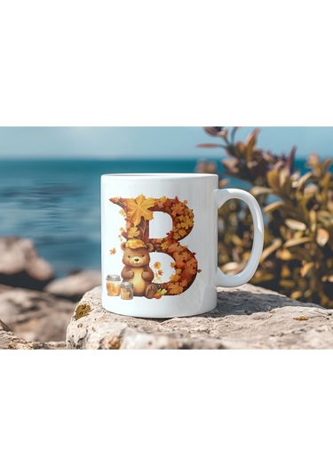 B Harf Sonbahar Yaprak Temalı Kupa Bardak - Sevimli Figürler İle Alfabe Harfli Bardak - Kişiye Özel Beyaz