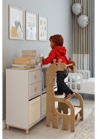 Zürafa Montessori Ahşap Öğrenme Kulesi Safir Meşe - Beyaz