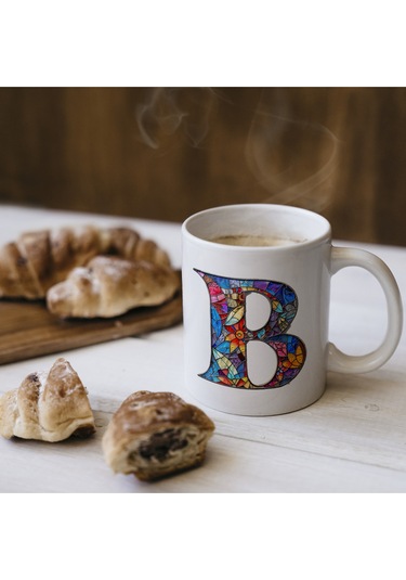 B Harfi Bardak 330 Ml İsme/harfe Özel Hediye, Renkli Harf Tasarım Beyaz