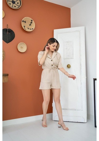 Gülsüm Aydın Bej Keten Yazlık Tulum Bej