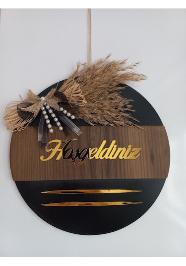 Hoşgeldiniz Yazılı Aynalı Pleksi Ahşap Dekoratif Dış Kapı Süsü Kahverengi