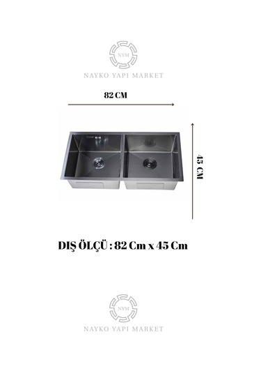 Ebrar Serisi %100 Krom 82x45 İki Göz Paslanmaz Mutfak Eviyesi, Mutfak Lavabosu Sifon Dahil Siyah