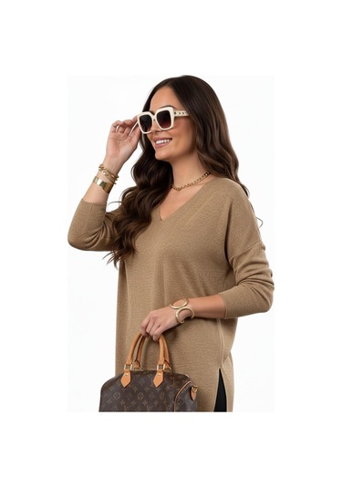 Kadın V Yaka Yaka Simli Kazak 12815 Bgl-st04225 Camel