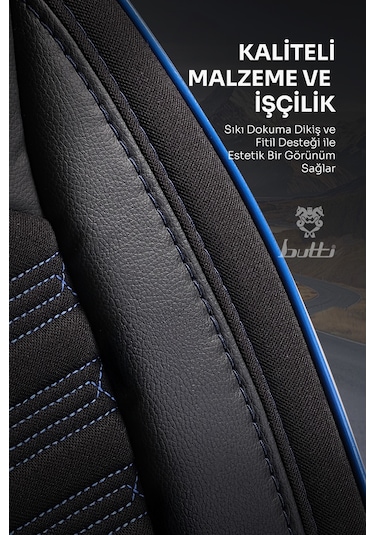 Siyah - Mavi Butti Libro Serisi Keten Kumaş Premium Oto Koltuk Kılıfı Destekli, Ön Arka Tam Set