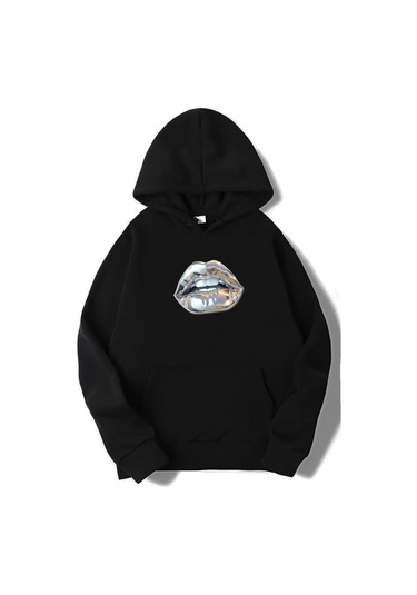 Brz Collection Unisex Oversize Silver Lip Gümüş Dudak Hoodie Siyah Siyah