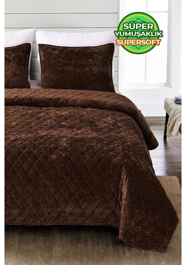 Evlen Home Kapitone Kadife Yatak Örtüsü Seti Tek Kişilik Supersoft 2 Parça Yumuşak Elyaf Dolgulu Koyu Kahve Koyu Kahverengi