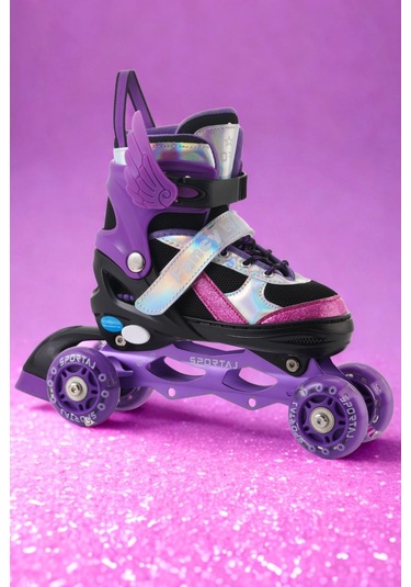 Melek Kanatlı Işıklı Çocuk Pateni Silikon Teker Ayarlanabilir Paten Taşıma Çantalı Mor Mor