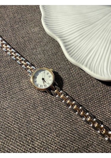 Retro Minimal Metal Kordon Vintage Kadın Kol Saati Çift Renk Altın