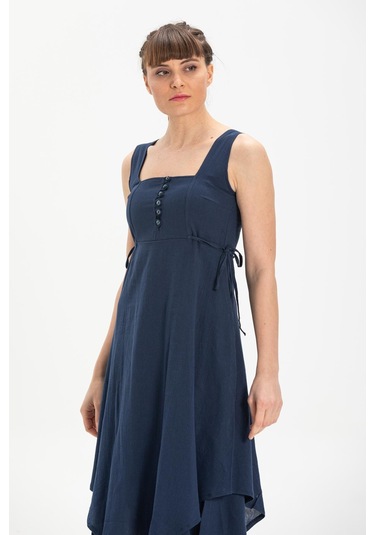 Kolsuz Şile Bezi Üçgen Katlı Midi Boy Yazlık Elbise Lacivert Lcvt Lacivert