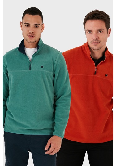 Buratti Slim Fit Anti-Pilling Tüylenme Yapmayan Bato Yaka Şardonlu 2'Li Paket Erkek Polar 5906001S2 Oranj-Benetton