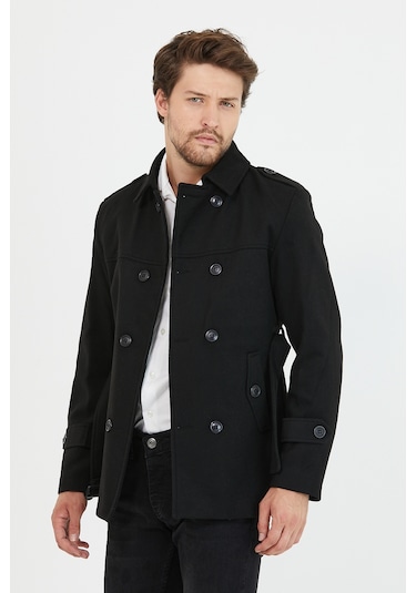 Erkek Siyah Kemerli Kaşe Kaban Trenç Model Siyah