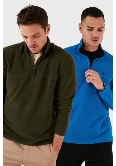 Buratti Slim Fit Anti-Pilling Tüylenme Yapmayan Bato Yaka Şardonlu 2'Li Paket Erkek Polar 5906001S2 Haki-Saks