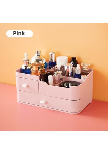 Youtek Masaüstü Makyaj Ve Bakım Ürünleri Depolama Kutusu - Çekmeceli Plastik Organizer - Basit Tasarım - Pembe Pembe