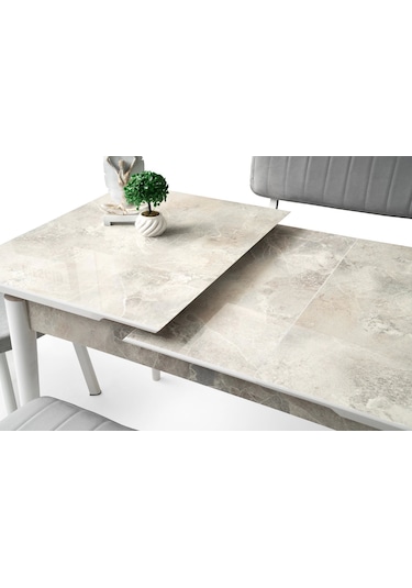 Ahşap Salon Yemek Masa Sandalye Takımı 4 Sandalyeli Ortadan Açılır Büyüyen 80x130 Cmmermer Desen