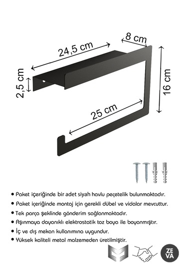 Siyah Metal Duvara Monte Havlu Peçetelik, Peçete Düzenleyici