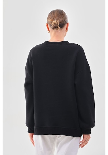 Kallima Oversize Baskılı İçi Polarlı Siyah Kadın Sweatshirt Siyah