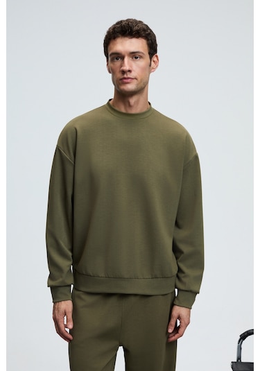 Grimelange VIENTO Erkek Bisiklet Yaka Uzun Kollu Regular Fit Haki Sweatshirt