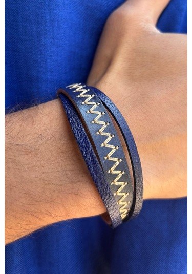 Dikiş Desenli Lacivert El İşçiliği İle Üretilmiş Hakiki Deri Erkek Bileklik Lacivert