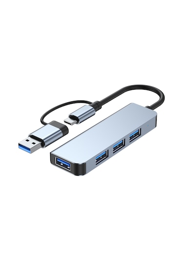 Samdoo Type-c Ve Usb Girişli 4 Portlu Usb 3.0 Hub, 5gbps Hızlı Veri Transferi, Alüminyum-abs Kabuk, Gri Renk