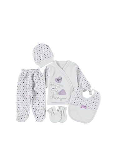 0-3 Aylık 5 Li Tavşan Nakışlı Zıbın Seti Hastane Çıkış Seti %100 Pamuklu Kutusuz Mor