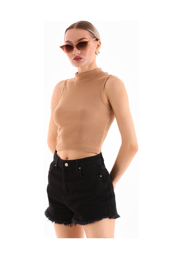 Kadın Likralı Kolsuz Crop Bluz CAMEL