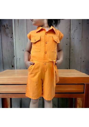 Esterella Düğmeli Cep Detaylı Turuncu Kısa Tulum Turuncu