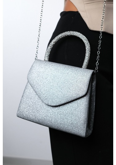 Monako Gümüş Kum Sim Taşlı Kadın El Çantası Gümüş Sim