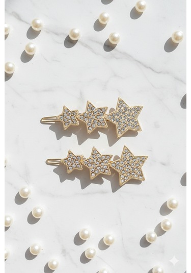 Üçlü Yıldız Şekilli Metal Toka, Metal Klipsli Üçlü Yıldız Toka 2 Adet Altın