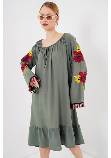 Nakışlı Midi Elbise 2531 - Haki Haki