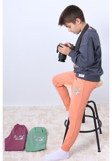 Erkek Çocuk Eşofman Takımı Mickey Mouse Baskılı Ribanalı F4 Turuncu