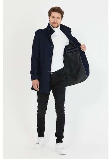 Erkek Lacivert Dar Kesim Dik Yaka Uzun Kaşe Kaban-Lacivert