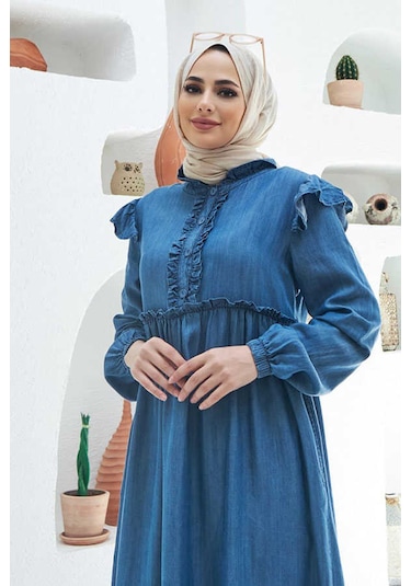 Neways 6595 - Fırfırlı Liyosel Elbise Koyu Mavi