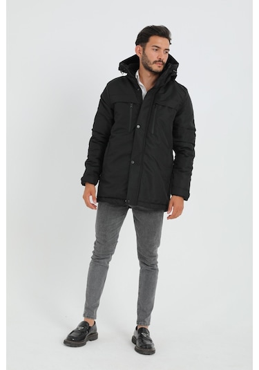 Erkek Siyah Içi Polarlı Su Ve Rüzgar Geçirmez Kapüşonlu Kışlık Mont & Kaban & Parka Siyah