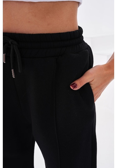 Kallima Çımalı Siyah Kışlık Şardonlu Yüksek Bel Bol Paça Eşofman Siyah