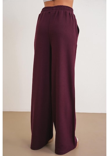 4757 Kadın Lastikli Bol Paça Örme Dökümlü Selanik Pantalon Mürdüm Mürdüm