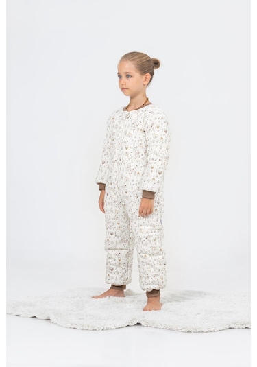 Kız Erkek Çocuk Kalın Elyaf Dolgulu Premium Kalite 2.5 Tog Desenli Uyku Tulumu Ekru - Kahverengi