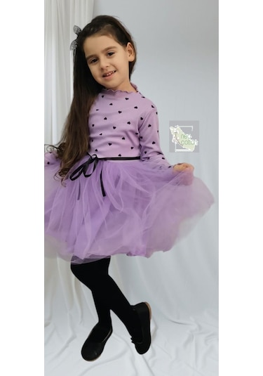 Kız Bebek-çocuk Uzun Kollu Doğum Günü Ve Özel Günler İçin Kalpli Tüllü Astarlı Elbise Lila