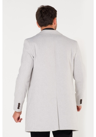 Slim Fit V Yaka Kışlık Kırçıllı Beyaz Kaşe Kaban-Beyaz