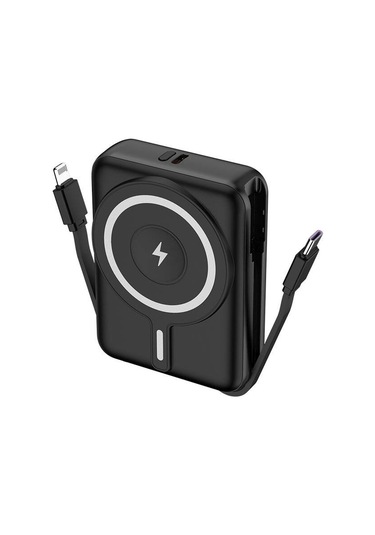 10000 Mah Kablosuz Powerbank Dijital Led Ekranlı, Type-c & Lightning Kabloları, Güçlü 15w Hızlı Şarj Siyah