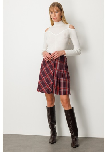 Ekol Kadın Pilise Detaylı Mini Etek 2049 Bordo Bordo