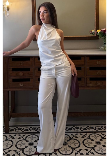 Madmext Beyaz Halter Yaka Saten Bluz Mg2685