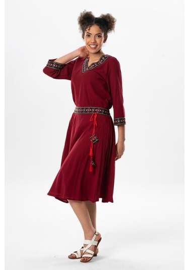 Talya Şile Bezi Püskül Detay Nakışlı Midi Boy Yazlık Etek Bordo Brd-bordo Bordo