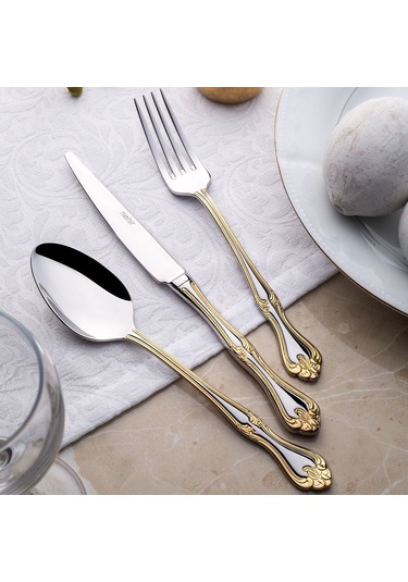 Nehir Lalezar Altın Sade 12 Kişilik 89 Parça Kutulu Çatal Kaşık Bıçak Takımı