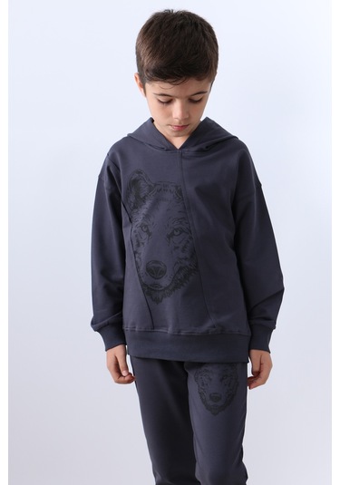 Erkek Çocuk Kapşonlu Eşofman Takımı Kurt Baskılı F10 Füme