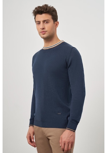 İndigo Mavi Uzun Kol Düz Örme Bisiklet Yaka Classic Slim Fit Triko 1012245108 İndigo Mavi