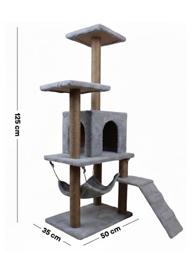 Missidea B07 Hamaklı Yuvalı Lüx Kedi Tırmalama Oyun Evi Gri