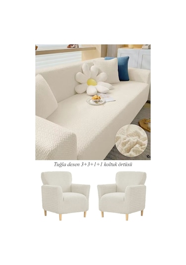 StarMall Tuğla Desen Koltuk Örtüsü Çekyat Kılıfı 3311 Takım Krem