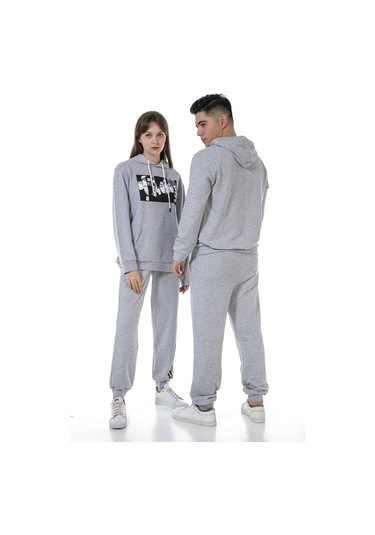 Vishenka Unisex Anime Baskılı 3 İplik Kapüşonlu Eşofman Takımı Gri