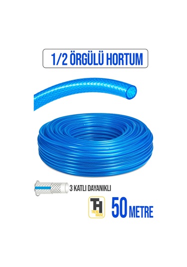 1/2 Örgülü Bahçe Hortumu Çatlamaz, Kırılmaz, Esnek 50 Metre Mavi
